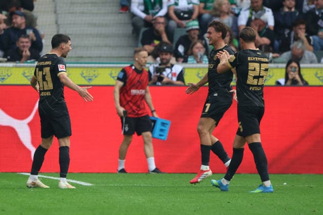 05.09.2026, Fussball, Herren, 1. Bundesliga, Saison 2026 2027, Borussia Mönchengladbach - SV 07 Elversberg, Torjubel zum 3:3, Torschütze: Felix Keidel (SV 07 Elversberg) Mönchengladbach Ista-Borussia-Park Nordrhein-Westfalen Deutschland (DEU) *** September 5, 2026, Soccer, Men s, 1. Bundesliga, 2026–2027 Season, Borussia Mönchengladbach vs. SV 07 Elversberg, goal celebration after the 3–3 tie, goal scorer Felix Keidel, SV 07 Elversberg vs. Mönchengladbach, live at Borussia Park, North Rhine-Westphalia, Germany, DEU Copyright: xSebastianxBachx