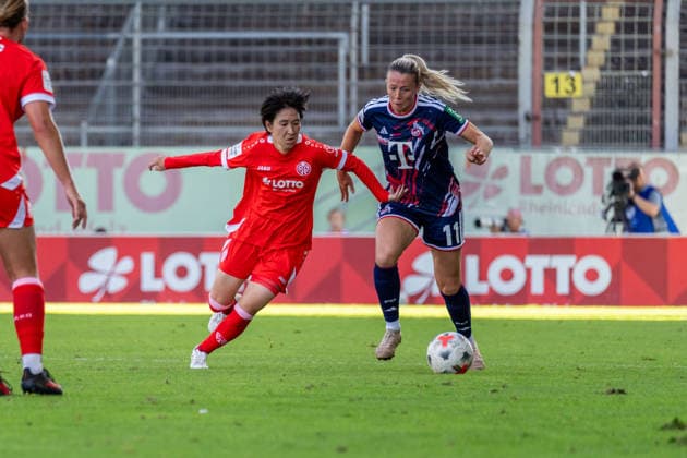 Spielszene, Zweikampf, v.l. Yurina Imai (1. FSV Mainz 05, 14), Sandra Maria Jessen (1. FC Koeln, 11), GER, 1. FSV Mainz 05 vs. 1. FC Koeln, Fussball, Google Pixel Frauen-Bundesliga, 3. Spieltag, Saison 2026 2027, 05.09.2026, DFB REGULATIONS PROHIBIT ANY USE OF PHOTOGRAPHS AS IMAGE SEQUENCES AND OR QUASI-VIDEO, GER, 1. FSV Mainz 05 vs. 1. FC Koeln, Fussball, Google Pixel Frauen-Bundesliga, 3. Spieltag, Saison 2026 2027, 05.09.2026 Mainz *** Game action, tackle, from left: Yurina Imai 1 FSV Mainz 05, 14, Sandra Maria Jessen 1 FC Cologne, 11, GER, 1 FSV Mainz 05 vs. 1 FC Cologne, soccer, Google Pixel Women’s Bundesliga, Matchday 3, 2026–2027 season, September 5, 2026, DFB regulations prohibit any use of photographs as image sequences and or quasi-video, GER, 1 FSV Mainz 05 vs. 1 FC Cologne, Soccer, Google Pixel Women’s Bundesliga, Matchday 3, 2026–2027 Season, September 5, 2026, Mainz Copyright: xEibner-Pressefoto J-NxGroemlingx EP_JGG