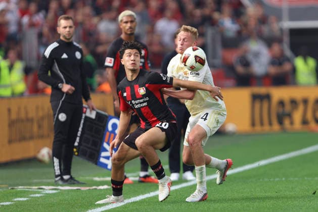 Ibrahim Maza (Bayer 04 Leverkusen) und Zeno Van den Bosch (1.FC Union Berlin) im Zweikampf waehrend des Spiels der 1. Bundesliga zwischen Bayer 04 Leverkusen und 1. FC Union Berlin, BayArena am 05. September 2026 in Leverkusen, Deutschland. (Foto von Oliver Kaelke DeFodi Images) +++ Ibrahim Maza (Bayer 04 Leverkusen) und Zeno Van den Bosch (1.FC Union Berlin) battle for the ball during the Bundesliga match between Bayer 04 Leverkusen and 1. FC Union Berlin at BayArena on September 5, 2026 in Leverkusen, Germany. (Photo by Oliver Kaelke DeFodi Images) DFB DFL REGULATIONS PROHIBIT ANY USE OF PHOTOGRAPHS AS IMAGE SEQUENCES AND OR QUASI-VIDEO. (Photo by Oliver Kaelke DeFodi Images) - *** Ibrahim Maza of Bayer 04 Leverkusen and Zeno Van den Bosch of 1 FC Union Berlin battle for the ball during the Bundesliga match between Bayer 04 Leverkusen and 1 FC Union Berlin at the BayArena on September 5, 2026, in Leverkusen, Germany. Photo by Oliver Kaelke, DeFodi Images. Ibrahim Maza of Bayer 04 Leverkusen and Zeno Van den Bosch of 1. FC Union Berlin battle for the ball during the Bundesliga match between Bayer 04 Leverkusen and 1. FC Union Berlin at BayArena on September 5, 2026 in Leverkusen, Germany. Photo by Oliver Kaelke, DeFodi Images. DFB and DFL regulations prohibit any use of photographs as image sequences and or quasi-video. Photo by Oliver Kaelke, DeFodi Images.