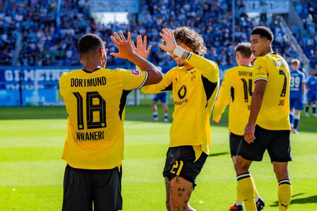 1. Bundesliga, 2. Spieltag, TSG 1899 Hoffenheim vs. Borussia Dortmund am 05.09.2026 Tor zum 2:3 durch Ethan Nwaneri Fabio Silva Jobe Bellingham WICHTIGER HINWEIS: Gemäß den Vorgaben der DFL und des DFB ist es untersagt, in dem Stadion und oder vom Spiel angefertigte Fotoaufnahmen in Form von Sequenzbildern und oder videoähnlichen Fotostrecken zu verwerten bzw. verwerten zu lassen. *** Bundesliga 1, Matchday 2, TSG 1899 Hoffenheim vs. Borussia Dortmund on September 5, 2026; Goal making the score 2–3 by Ethan Nwaneri, Fabio Silva, Jobe Bellingham IMPORTANT NOTICE: In accordance with the guidelines of the DFL and the DFB, it is prohibited to use or allow the use of photographs taken in the stadium and or during the game in the form of sequential images and or video-like photo series. Copyright: xBahhoxKarax