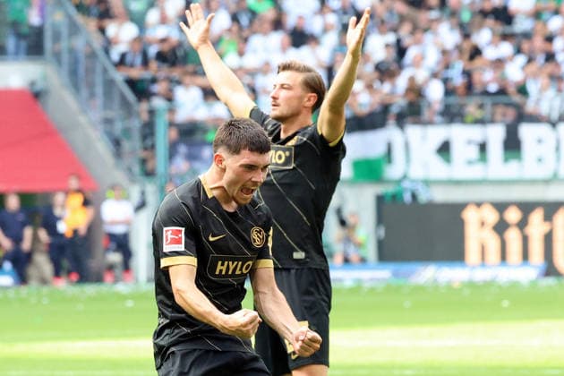 05.09.2026, xrekx, Fussball 1.Bundesliga, Borussia Moenchengladbach - SV Elversberg v.l. Torjubel nach dem Tor zum celebrating the goal celebrate 3:3 durch Felix Keidel (SV 07 Elversberg) (DFL DFB REGULATIONS PROHIBIT ANY USE OF PHOTOGRAPHS as IMAGE SEQUENCES and or QUASI-VIDEO) Moenchengladbach *** September 5, 2026, xrekx, Soccer, Bundesliga 1, Borussia Mönchengladbach vs. SV Elversberg – Goal celebration after Felix Keidel’s goal for SV 07 Elversberg (3–3). DFL and DFB regulations prohibit any use of photographs as image sequences and or quasi-video. Mönchengladbachladbach