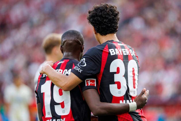 LEVERKUSEN, GERMANY - SEPTEMBER 5, 2026: Moussa Diaby (Bayer 04 Leverkusen, 19), Ibrahim Maza (Bayer 04 Leverkusen, 30) during the German Bundesliga match on gameday 2 between Bayer 04 Leverkusen vs. 1. FC Union Berlin at BayArena on September 5, 2026 in Leverkusen, Germany. DFL REGULATIONS PROHIBIT ANY USE OF PHOTOGRAPHS AS IMAGE SEQUENCES AND OR QUASI-VIDEO. Northrhine-Westphalia Germany Copyright: xAxelxKohringx