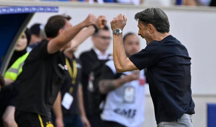 Trainer Niko Kovac Borussia Dortmund BVB am Spielfeldrand Gestik Geste Schlussjubel, Freude, Glueck, Jubel TSG 1899 Hoffenheim vs Borussia Dortmund BVB 05.09.2026 DFL REGULATIONS PROHIBIT ANY USE OF PHOTOGRAPHS AS IMAGE SEQUENCES AND OR QUASI-VIDEO TSG 1899 Hoffenheim vs Borussia Dortmund BVB *** Coach Niko Kovac, Borussia Dortmund (BVB), on the sidelines, gesturing, celebrating at the end of the game, joy, happiness, Celebration TSG 1899 Hoffenheim vs. Borussia Dortmund BVB September 5, 2026 DFL regulations prohibit any use of photographs as image sequences and or quasi-video TSG 1899 Hoffenheim vs. Borussia Dortmund BVB