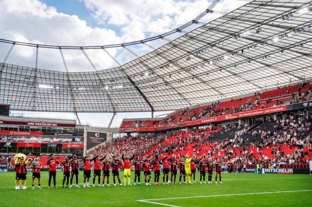 LEVERKUSEN, GERMANY - SEPTEMBER 5, 2026: The team of Bayer 04 Leverkusen celebrates the victory after the German Bundesliga match on gameday 2 between Bayer 04 Leverkusen vs. 1. FC Union Berlin at BayArena on September 5, 2026 in Leverkusen, Germany. DFL REGULATIONS PROHIBIT ANY USE OF PHOTOGRAPHS AS IMAGE SEQUENCES AND OR QUASI-VIDEO. Northrhine-Westphalia Germany Copyright: xAxelxKohringx