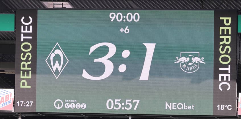 Bremen - RB Leipzig Bundesliga Bremen, 05.09.2026, Weserstadion, Fußball, 1.Bundesliga, 2.Spieltag , SV Werder Bremen vs. RB Leipzig , Im Bild: Der Endstand des Spieles an der Anzeigetafel. , Nur zur redaktionellen Nutzung. Only editorial use. , DFL DFB regulations prohibit any use of photographs as image sequences and or quasi-video. , *** Bremen vs. RB Leipzig, Bundesliga, Bremen, September 5, 2026, Weserstadion, soccer, Bundesliga 1, Matchday 2, SV Werder Bremen vs. RB Leipzig, Pictured: The final score displayed on the scoreboard, For editorial use only, DFL and DFB regulations prohibit any use of photographs as image sequences and or quasi-video,