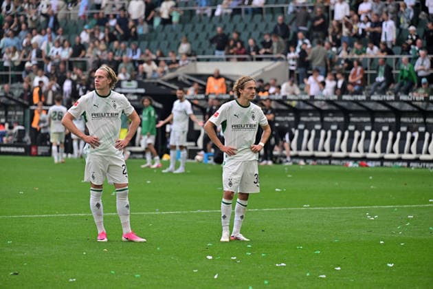 05.09.2026; Moenchengladbach; Fussball, Herren, Saison 2026 2027, Borussia Moenchengladbach vs. SV Elversberg Riesenenttaeuschung nach Spielende bei v. li. David Herold (Gladbach) Hugo Bolin (Gladbach) DFL regulations prohibit any use of photographs as image sequences and or quasi-video. ista-Borussia-Park Nordrhein-Westfalen Deutschland *** September 5, 2026, Mönchengladbach Soccer, Men s, 2026–2027 Season, Borussia Mönchengladbach vs. SV Elversberg Huge disappointment after the final whistle; from left: David Herold (Gladbach), Hugo Bolin (Gladbach). DFL regulations prohibit any use of photographs as image sequences and or quasi-video content. Borussia Park, North Rhine-Westphalia, Germany