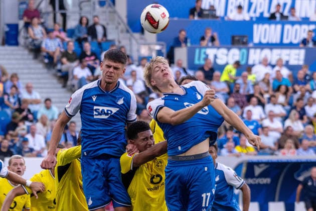 Albian Hajdari (TSG 1899 Hoffenheim), Jobe Bellingham (Borussia Dortmund) und Nathan De Cat (TSG 1899 Hoffenheim). xettx, Deutschland, Sinsheim, 05.09.2026, Fussball, Bundesliga: TSG 1899 Hoffenheim vs Borussia Dortmund, Saison 2026 2027, 2. Spieltag, SNP Arena DFL DFB REGULATIONS PROHIBIT ANY USE OF PHOTOGRAPHS AS IMAGE SEQUENCES AND OR QUASI-VIDEO. *** Albian Hajdari (TSG 1899 Hoffenheim), Jobe Bellingham (Borussia Dortmund), and Nathan De Cat (TSG 1899 Hoffenheim), Germany, Sinsheim, September 5, 2026, Soccer, Bundesliga: TSG 1899 Hoffenheim vs. Borussia Dortmund, 2026–2027 season, Matchday 2, SNP Arena. DFL and DFB regulations prohibit any use of photographs as image sequences and or quasi-video.