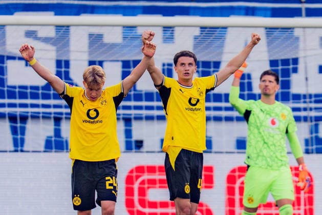 1. Bundesliga, 2. Spieltag, TSG 1899 Hoffenheim vs. Borussia Dortmund am 05.09.2026 Jubel über den Sieg Gregor Kobel Daniel Svensson Luca Reggiani WICHTIGER HINWEIS: Gemäß den Vorgaben der DFL und des DFB ist es untersagt, in dem Stadion und oder vom Spiel angefertigte Fotoaufnahmen in Form von Sequenzbildern und oder videoähnlichen Fotostrecken zu verwerten bzw. verwerten zu lassen. *** Bundesliga 1, Matchday 2, TSG 1899 Hoffenheim vs. Borussia Dortmund on September 5, 2026. Celebrating the victory: Gregor Kobel, Daniel Svensson, Luca Reggiani. IMPORTANT NOTICE: In accordance with DFL and DFB regulations, it is prohibited to use or allow the use of photographs taken in the stadium and or during the match in the form of image sequences and or video-like photo series Copyright: xBahhoxKarax