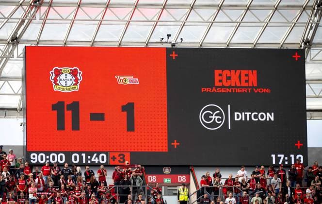 Fußball, Herren, Saison 2026 2027, 1. Bundesliga (2. Spieltag), Bayer 04 Leverkusen - 1. FC Union Berlin, Anzeigetafel mit dem Ecken-Endstand von 11:1, 05.09.2026, *** Soccer, Men s, 2026–2027 Season, Bundesliga 1, Matchday 2, Bayer 04 Leverkusen 1, FC Union Berlin, scoreboard showing the final score of 11–1, September 5, 2026, Copyright: xMatthiasxKochx