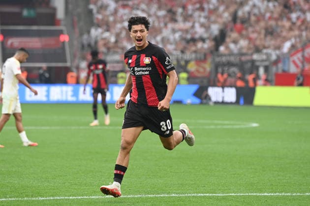 Ibrahim MAZA (LEV) jubelt nach seinem Tor zum 4:0 Jubel, jubeln, Freude, cheers, Fussball 1. Bundesliga, 2.Spieltag, matchday2, Bayer Leverkusen (LEV) - 1. FC Union Berlin (UB) 4-0 am 18.04.2026 in Leverkusen Deutschland. DFL regulations prohibit any use of photographs as image sequences and or quasi-video Â *** Ibrahim MAZA LEV celebrates after scoring his goal to make it 4–0: celebration, cheering, joy, cheers, soccer, Bundesliga 1, Matchday 2, matchday2, Bayer Leverkusen (LEV) 1, FC Union Berlin (UB) 4–0 on April 18, 2026, in Leverkusen, Germany. DFL regulations prohibit any use of photographs as image sequences and or quasi-video.