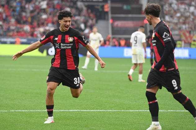 Ibrahim MAZA (LEV) jubelt nach seinem Tor zum 4:0 Jubel, jubeln, Freude, cheers, Fussball 1. Bundesliga, 2.Spieltag, matchday2, Bayer Leverkusen (LEV) - 1. FC Union Berlin (UB) 4-0 am 18.04.2026 in Leverkusen Deutschland. DFL regulations prohibit any use of photographs as image sequences and or quasi-video Â *** Ibrahim MAZA LEV celebrates after scoring his goal to make it 4–0: celebration, cheering, joy, cheers, soccer, Bundesliga 1, Matchday 2, matchday2, Bayer Leverkusen (LEV) 1, FC Union Berlin (UB) 4–0 on April 18, 2026, in Leverkusen, Germany. DFL regulations prohibit any use of photographs as image sequences and or quasi-video.