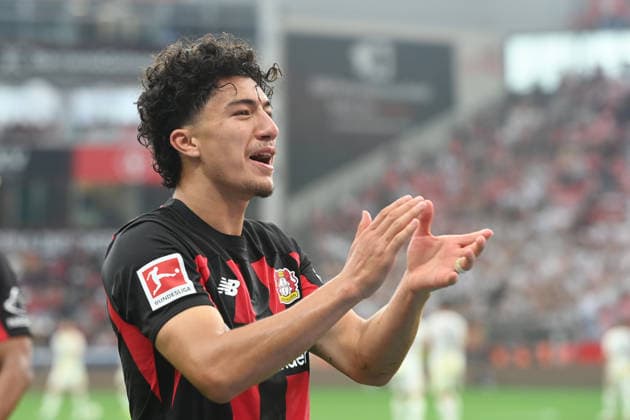 Ibrahim MAZA (LEV) jubelt nach seinem Tor zum 4:0 Jubel, jubeln, Freude, cheers, Fussball 1. Bundesliga, 2.Spieltag, matchday2, Bayer Leverkusen (LEV) - 1. FC Union Berlin (UB) 4-0 am 18.04.2026 in Leverkusen Deutschland. DFL regulations prohibit any use of photographs as image sequences and or quasi-video Â *** Ibrahim MAZA LEV celebrates after scoring his goal to make it 4–0: celebration, cheering, joy, cheers, soccer, Bundesliga 1, Matchday 2, matchday2, Bayer Leverkusen (LEV) 1, FC Union Berlin (UB) 4–0 on April 18, 2026, in Leverkusen, Germany. DFL regulations prohibit any use of photographs as image sequences and or quasi-video.