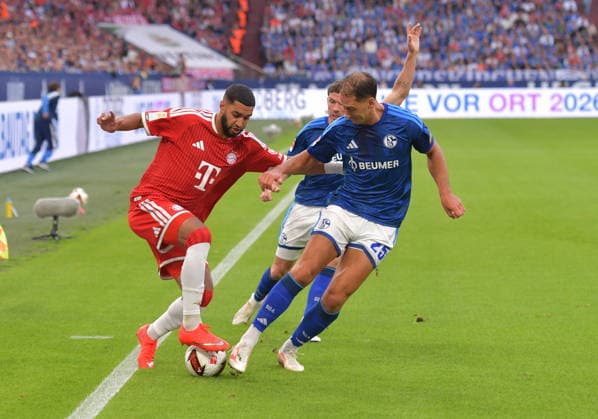 05.09.2026, xblx, Fussball 1.Bundesliga, FC Schalke 04 - FC Bayern München v.l. Ismael Saibari (FC Bayern Muenchen), Robin Gosens (FC Schalke 04), Nikola Katic (FC Schalke 04) (DFL DFB REGULATIONS PROHIBIT ANY USE OF PHOTOGRAPHS as IMAGE SEQUENCES and or QUASI-VIDEO) Gelsenkirchen *** September 5, 2026, xblx, Soccer, Bundesliga 1, FC Schalke 04 vs. FC Bayern Munich, featuring Ismael Saibari of FC Bayern Munich, Robin Gosens, FC Schalke 04, Nikola Katic, FC Schalke 04. DFL and DFB regulations prohibit any use of photographs as image sequences and or quasi-video. Gelsenkirchen