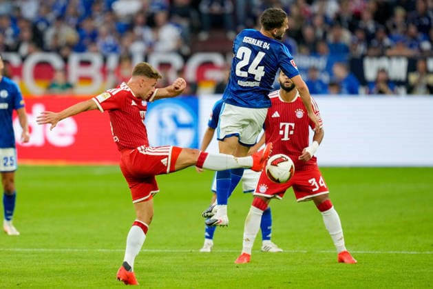 Joshua Kimmich (FC Bayern Muenchen) und Adil Aouchiche (FC Schalke 04) im Zweikampf waehrend des Spiels der 1. Bundesliga zwischen FC Schalke 04 und FC Bayern Muenchen, Veltins-Arena am 05. September 2026 in Gelsenkirchen, Deutschland. (Foto von Alex Gottschalk DeFodi Images) +++ Joshua Kimmich (FC Bayern Muenchen) und Adil Aouchiche (FC Schalke 04) battle for the ball during the Bundesliga match between FC Schalke 04 and FC Bayern Muenchen at Veltins-Arena on September 5, 2026 in Gelsenkirchen, Germany. (Photo by Alex Gottschalk DeFodi Images) DFB DFL REGULATIONS PROHIBIT ANY USE OF PHOTOGRAPHS AS IMAGE SEQUENCES AND OR QUASI-VIDEO. (Photo by Alex Gottschalk DeFodi Images) - *** Joshua Kimmich of FC Bayern Munich and Adil Aouchiche of FC Schalke 04 battle for the ball during the Bundesliga match between FC Schalke 04 and FC Bayern Munich at Veltins Arena on September 5, 2026, in Gelsenkirchen, Germany. Photo by Alex Gottschalk, DeFodi Images. Joshua Kimmich of FC Bayern Munich and Adil Aouchiche of FC Schalke 04 battle for the ball during the Bundesliga match between FC Schalke 04 and FC Bayern Munich at Veltins Arena on September 5, 2026 in Gelsenkirchen, Germany. Photo by Alex Gottschalk, DeFodi Images. DFB and DFL regulations prohibit any use of photographs as image sequences and or quasi-video. Photo by Alex Gottschalk, DeFodi Images.