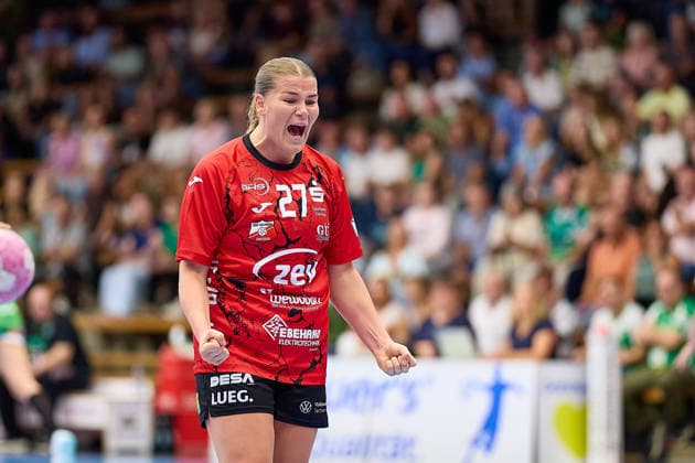 Liv Navne (BSV Sachsen Zwickau, 27) Freude, Jubel FRISCH AUF Goeppingen vs. BSV Sachsen Zwickau, Handball, ALSCO Handball Bundesliga Frauen, 2. Spieltag, Spielzeit 2026 2027, 05.09.2026 FRISCH AUF Goeppingen vs. BSV Sachsen Zwickau, Handball, ALSCO Handball Bundesliga Frauen, 2. Spieltag, Spielzeit 2026 2027, 05.09.2026 Goeppingen Copyright: xEibner-Pressefoto GeraldxOelze-dexStoppanyx EP_ODS