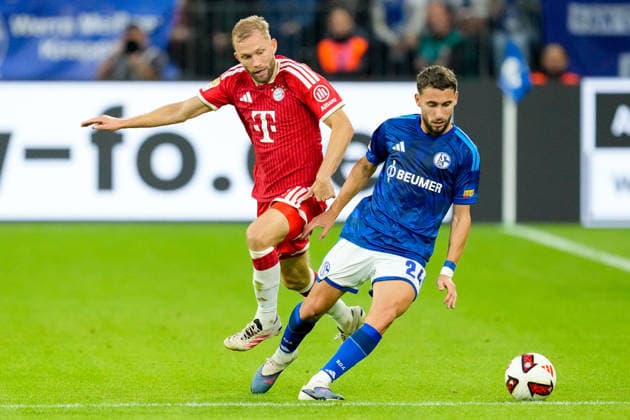 Konrad Laimer (FC Bayern Muenchen) und Adil Aouchiche (FC Schalke 04) im Zweikampf waehrend des Spiels der 1. Bundesliga zwischen FC Schalke 04 und FC Bayern Muenchen, Veltins-Arena am 05. September 2026 in Gelsenkirchen, Deutschland. (Foto von Alex Gottschalk DeFodi Images) +++ Konrad Laimer (FC Bayern Muenchen) und Adil Aouchiche (FC Schalke 04) battle for the ball during the Bundesliga match between FC Schalke 04 and FC Bayern Muenchen at Veltins-Arena on September 5, 2026 in Gelsenkirchen, Germany. (Photo by Alex Gottschalk DeFodi Images) DFB DFL REGULATIONS PROHIBIT ANY USE OF PHOTOGRAPHS AS IMAGE SEQUENCES AND OR QUASI-VIDEO. (Photo by Alex Gottschalk DeFodi Images) - *** Konrad Laimer of FC Bayern Munich and Adil Aouchiche of FC Schalke 04 in a tackle during the Bundesliga match between FC Schalke 04 and FC Bayern Munich at Veltins Arena on September 5, 2026, in Gelsenkirchen, Germany. Photo by Alex Gottschalk, DeFodi Images. Konrad Laimer of FC Bayern Munich and Adil Aouchiche of FC Schalke 04 battle for the ball during the Bundesliga match between FC Schalke 04 and FC Bayern Munich at Veltins Arena on September 5, 2026 in Gelsenkirchen, Germany. Photo by Alex Gottschalk, DeFodi Images. DFB and DFL regulations prohibit any use of photographs as image sequences and or quasi-video. Photo by Alex Gottschalk, DeFodi Images.