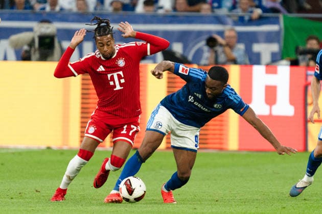 Deutschland: 1. Bundesliga 2026 2027, 2. Spieltag - FC Schalke 04 vs. FC Bayern München - 05.09.2026 - Veltins-Arena (Gelsenkirchen, Nordrhein-Westfalen) Moussa Sylla (Schalke 04, 9)nMichael Olise (FC Bayern München, 17) *** Germany 1 Bundesliga 2026–2027, Matchday 2: FC Schalke 04 vs. FC Bayern Munich, September 5, 2026, Veltins Arena, Gelsenkirchen, North Rhine-Westphalia; Moussa Sylla (Schalke 04), 9; Michael Olise (FC Bayern Munich), 17 Copyright: xCelinaxLeiersx