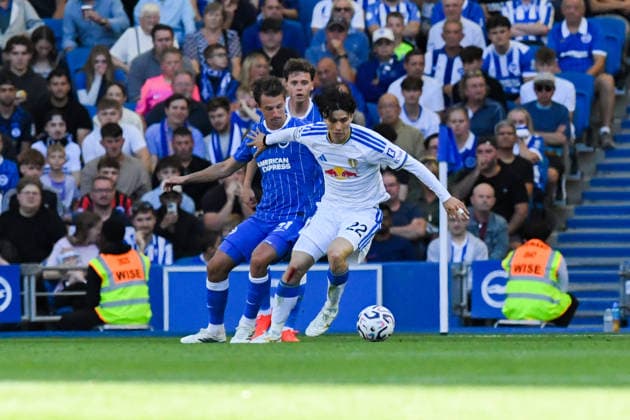 Brighton and Hove Albion v Leeds United, Premier League Olivier Boscagli Defender of Brighton and Hove Albion and Ao Tanaka Midfielder of Leeds United in action during the Premier League match between Brighton and Hove Albion and Leeds United at the American Express Stadium, Brighton and Hove, UK on 5 September 2026. Brighton and Hove American Express Stadium East Sussex UK Editorial use only DataCo restrictions apply See www.football-dataco.com , Copyright: xJeffxMoodx PSI-24837-0105