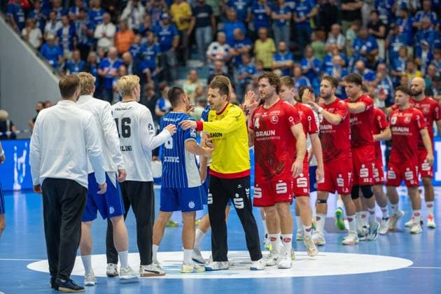 Die Teams nach dem Unentschieden,VfL Gummersbach vs. MT Melsungen,, Opel Handball Bundesliga, Herren , 3. Spieltag, 05.09.2026 Gummersbach NRW Deutschland