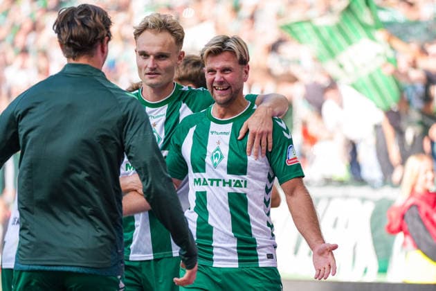 Torjubel nach dem Tor zum 2:0 für Werder Bremen durch Niklas Füllkrug (Werder Bremen, 10), Niklas Stark (Werder Bremen, 4), Freude, Emotionen, Deutschland: Fussball, Bundesliga, Saison 2026 27, 2. Spieltag, 05.09.2026, Werder Bremen vs RB Leipzig, Weserstadion (Bremen) *** Celebration after Niklas Füllkrug scored Werder Bremen s second goal, making the score 2–0. Werder Bremen, 10, Niklas Stark, Werder Bremen, 4, joy, emotions, German soccer, Bundesliga, 2026–27 season, Matchday 2, September 5, 2026, Werder Bremen vs. RB Leipzig, Weserstadion, Bremen Copyright: xLeonxFrickx