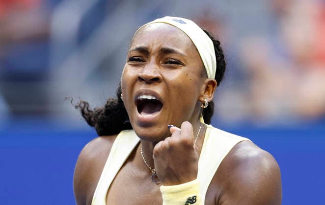 Coco Gauff celebrates after match point defeating Cristina Bucsa of Spain in straight sets in Arthur Ashe Stadium in the 3rd round at the 2026 US Open Tennis Championship at the USTA Billie Jean King National Tennis Center in New York City on Saturday, September 5, 2026.  NYP20260905105 JOHNxANGELILLO