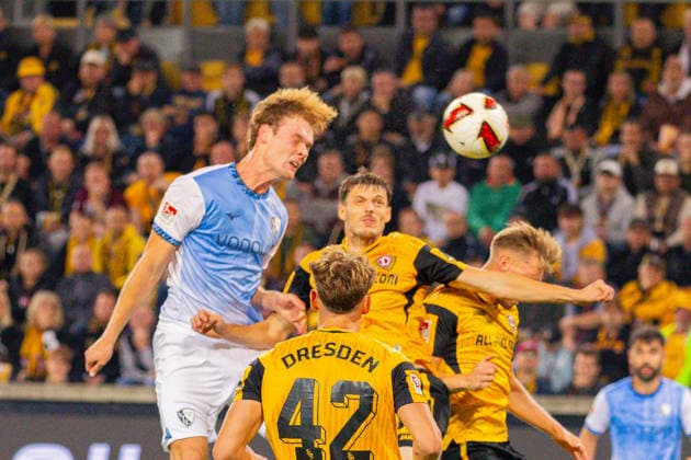 Deutschland: 2.Bundesliga, Saison 2026 2027, 05.09.2026, 4. Spieltag, SG Dynamo Dresden vs VfL Bochum, Rudolf-Harbig-Stadion : Tom Meyer (VfL Bochum, 34) im Kopfball Duell gegen Tobias Raschl (SG Dynamo Dresden, 21) *** Germany 2. Bundesliga, 2026–2027 Season, September 5, 2026, Matchday 4, SG Dynamo Dresden vs. VfL Bochum, Rudolf Harbig Stadium. Tom Meyer (VfL Bochum), 34, in a header duel against Tobias Raschl (SG Dynamo Dresden), 21 Copyright: xMichellexLukax