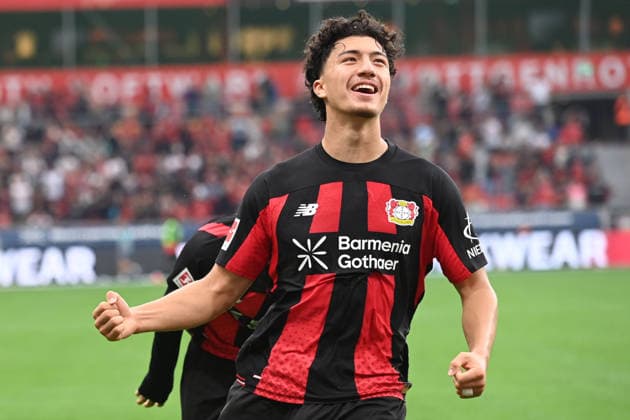 Ibrahim MAZA (LEV) jubelt nach seinem Tor zum 4:0 Jubel, jubeln, Freude, cheers, Fussball 1. Bundesliga, 2.Spieltag, matchday2, Bayer Leverkusen (LEV) - 1. FC Union Berlin (UB) 4-0 am 18.04.2026 in Leverkusen Deutschland. DFL regulations prohibit any use of photographs as image sequences and or quasi-video Â *** Ibrahim MAZA LEV celebrates after scoring his goal to make it 4–0; celebration, cheering, joy, cheers, soccer, Bundesliga 1, Matchday 2, matchday2, Bayer Leverkusen (LEV) 1 FC Union Berlin (UB) 4–0 on April 18, 2026, in Leverkusen, Germany. DFL regulations prohibit any use of photographs as image sequences and or quasi-video.