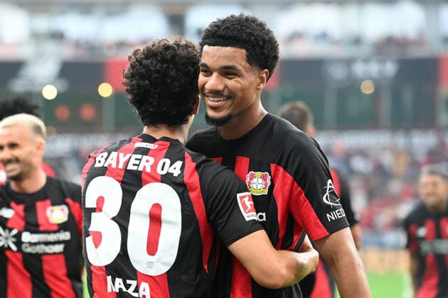 Ibrahim MAZA (LEV) jubelt nach seinem Tor zum 4:0 Jubel, jubeln, Freude, cheers, mit Malik TILLMAN (LEV) Fussball 1. Bundesliga, 2.Spieltag, matchday2, Bayer Leverkusen (LEV) - 1. FC Union Berlin (UB) 4-0 am 18.04.2026 in Leverkusen Deutschland. DFL regulations prohibit any use of photographs as image sequences and or quasi-video Â *** Ibrahim MAZA (LEV) celebrates after scoring his goal to make it 4–0—celebration, cheering, joy, cheers—with Malik TILLMAN (LEV). Soccer, 1. Bundesliga, Matchday 2, matchday2, Bayer Leverkusen LEV 1 FC Union Berlin UB 4–0 on April 18, 2026, in Leverkusen, Germany. DFL regulations prohibit any use of photographs as image sequences and or quasi-video.