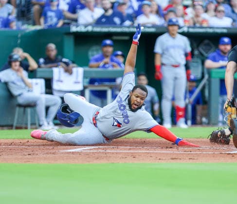 SEP 5, 2026: Toronto Blue Jays first baseman Vladimir Guerrero Jr. (27) slides into home plate and scores in the 1st inning against the Kansas City Royals at Kauffman Stadium Kansas City, MO. CSM Kansas City United States - ZUMAc04_ 20260905_zma_c04_423 Copyright: xRomanxPunox