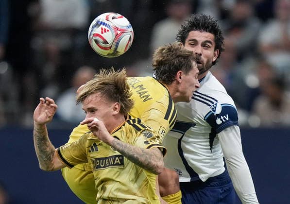 September 5, 2026, Vancouver, Bc, CANADA: Vancouver Whitecaps Brian White, back right, and St. Louis City s Daniel Edelman collide while vying for the ball behind Conrad Wallem, front left, during the second half of an MLS, Fussball Herren, USA soccer match, in Vancouver, on Saturday, Sept. 5, 2026. Canada News - September 5, 2026 - ZUMAc35_ 20260905_zaf_c35_122 Copyright: xDarrylxDyckx