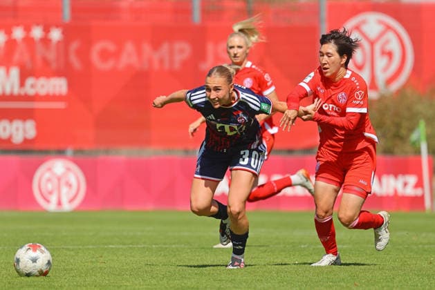 Mainz, Deutschland 05. September 2026: 1. BL Frauen - 2026 2027 - Sp. 3 - 1. FSV Mainz 05 gegen 1. FC Köln Im Bild: v. li. im Zweikampf Sophie Nachtigall (1. FC) gegen Yurina Imai (FSV). DFL DFB regulations prohibit any use of photographs as image sequences and or quasi-video Bruchwegstadion Rheinland - Pfalz *** Mainz, Germany, September 5, 2026, Women’s Bundesliga 1, 2026–2027, Matchday 3: FSV Mainz 05 vs. 1. FC Köln. Pictured from left: Sophie Nachtigall (1. FC Köln) in a tackle against Yurina Imai (FSV Mainz 05). DFL and DFB regulations prohibit any use of photographs as image sequences and or quasi-video. Bruchwegstadion, Rhineland-Palatinate Copyright: xFotostandx xRacochax