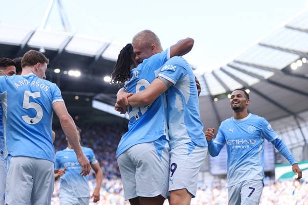 Football - Premier League - Manchester City v Coventry City 5th September 2026 - Premier League - Manchester City v Coventry City - Erling Haaland of Manchester City celebrates with Antoine Semenyo of Manchester City after scoring their 1st goal - Photo: Simon Stacpoole Offside. Manchester UK Copyright: xSimonxStacpoolexOffside