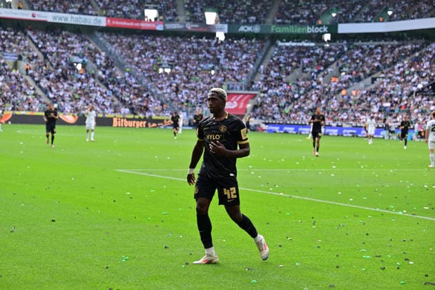 05.09.2026; Moenchengladbach; Fussball, Herren, Saison 2026 2027, Borussia Moenchengladbach vs. SV Elversberg Torjubel David Mokwa (Elversberg) nach seinem Tor zum 1-1 DFL regulations prohibit any use of photographs as image sequences and or quasi-video. ista-Borussia-Park Nordrhein-Westfalen Deutschland *** September 5, 2026, Mönchengladbach Soccer, Men s, 2026–2027 Season, Borussia Mönchengladbach vs. SV Elversberg: David Mokwa of Elversberg celebrates after scoring the 1–1 goal. DFL regulations prohibit any use of photographs as image sequences and or quasi-video content. Borussia Park, North Rhine-Westphalia, Germany