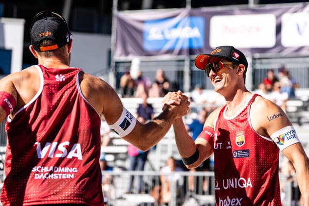 Beach volleyball, Beachvolleyball - MEVZA Schladming SCHLADMING,AUSTRIA,06.SEP.26 - BEACH VOLLEYBALL - win2day Tour PRO, MEVZA Schladming. Image shows Moritz Pristauz (AUT) and Phillip Waller (AUT).  GEPAxpictures xJulioxArellano