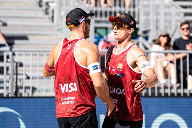 Beach volleyball, Beachvolleyball - MEVZA Schladming SCHLADMING,AUSTRIA,06.SEP.26 - BEACH VOLLEYBALL - win2day Tour PRO, MEVZA Schladming. Image shows Moritz Pristauz (AUT) and Phillip Waller (AUT).  GEPAxpictures xJulioxArellano