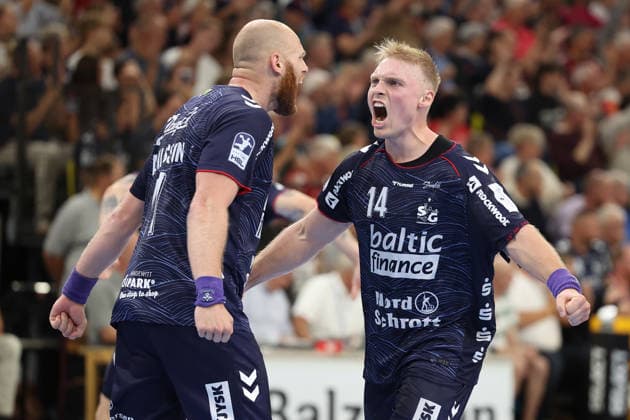 05.09.2026, xBHAx, Handball, Opel HBL, Saison 2026 2027, 1.HBL, SG Flensburg-Handewitt - HC Erlangen, GGW Arena: Arnar Freyr Arnarsson (SG Flensburg-Handewitt 41) und Emil Bergholt (SG Flensburg-Handewitt 14) jubelnd Schleswig-Holstein Deutschkand