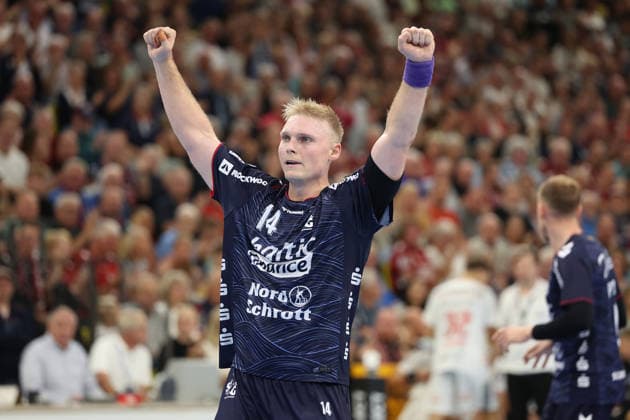 05.09.2026, xBHAx, Handball, Opel HBL, Saison 2026 2027, 1.HBL, SG Flensburg-Handewitt - HC Erlangen, GGW Arena: Emil Bergholt (SG Flensburg-Handewitt 14) jubelnd Schleswig-Holstein Deutschkand