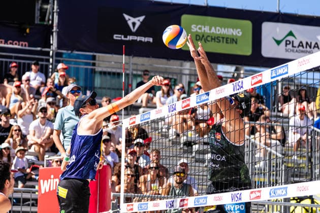 Beach volleyball, Beachvolleyball - MEVZA Schladming SCHLADMING,AUSTRIA,06.SEP.26 - BEACH VOLLEYBALL - win2day Tour PRO, MEVZA Schladming. Image shows Lorenz Peter (AUT) and Mathias Seiser (AUT).  GEPAxpictures xJulioxArellano