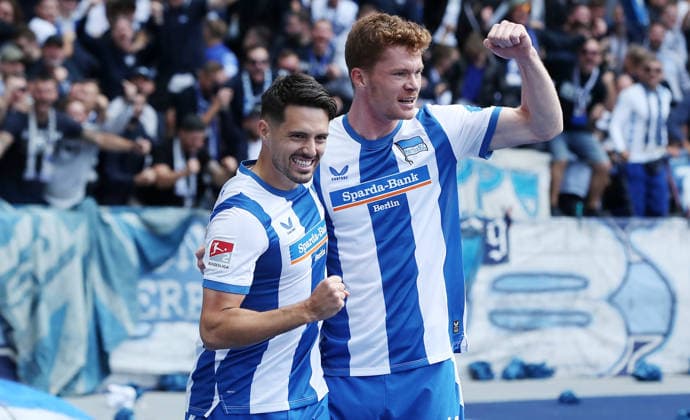 Josip Brekalo jubelt nach Tor zum 1:0 mit Sebastian Grönning Freude Emotion Jubel Fußball Fussball DFL 2. Bundesliga Herren 4. Spieltag Saison 2026 2027 06.09.2026 Hertha BSC Berlin vs. 1.FC Magdeburg FCM DFL regulations prohibit any use of photographs as image sequences and or quasi-video *** Josip Brekalo celebrates after scoring the 1-0 goal with Sebastian Grönning: Joy, Emotion, Celebration, Sports, Soccer, DFL 2. Bundesliga Men, Matchday 4, 2026-2027 Season, June 9, 2026, Hertha BSC Berlin vs. 1. FC Magdeburg FCM DFL regulations prohibit any use of photographs as image sequences and or quasi-video
