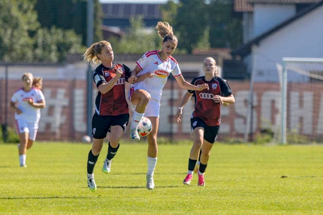 Ingolstadt, Deutschland 06. September 2026: 2. BL Frauen - 2026 2027 - Sp. 5 - FC Ingolstadt 04 gegen 1. FC Köln U20 Im Bild: v. li. im Zweikampf Leonie Haberäcker Haberaecker (FCI) und Alina Kerschbaumer (1. FC Köln) DFL DFB regulations prohibit any use of photographs as image sequences and or quasi-video ESV-Stadion Bayern *** Ingolstadt, Germany, September 6, 2026, 2nd Bundesliga Women 2026–2027, Matchday 5: FC Ingolstadt 04 vs. 1. FC Köln U20. Pictured from left, in a tackle: Leonie Haberäcker (Haberaecker, FCI) and Alina Kerschbaumer (1. FC Köln). DFL DFB regulations prohibit any use of photographs as image sequences and or quasi-video. ESV Stadion Bayern Copyright: xFotostandx xSchäferx