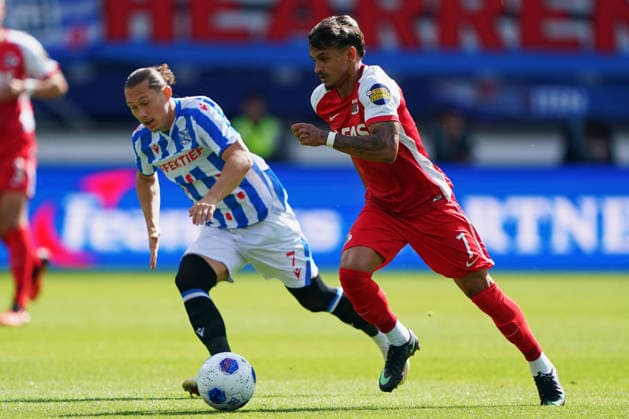 2026-09-06 SC Heerenveen v AZ Alkmaar - VriendenLoterij Eredivisie HEERENVEEN, NETHERLANDS - SEPTEMBER 6: Maxence Rivera of SC Heerenveen, Wesley Patati of AZ during the VriendenLoterij Eredivisie match between SC Heerenveen and AZ Alkmaar at Abe Lenstra stadion on September 6, 2026 in Heerenveen, Netherlands. Heerenveen Abe Lenstra stadion Netherlands Content not available for redistribution in The Netherlands directly or indirectly through any third parties. Copyright: xAndrexWeeningx