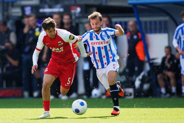 2026-09-06 SC Heerenveen v AZ Alkmaar - VriendenLoterij Eredivisie HEERENVEEN, NETHERLANDS - SEPTEMBER 6: Mateo Chavez of AZ, Dirk Proper of SC Heerenveen during the VriendenLoterij Eredivisie match between SC Heerenveen and AZ Alkmaar at Abe Lenstra stadion on September 6, 2026 in Heerenveen, Netherlands. Heerenveen Abe Lenstra stadion Netherlands Content not available for redistribution in The Netherlands directly or indirectly through any third parties. Copyright: xAndrexWeeningx