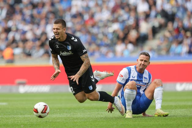 06.09.2026, xtgx, Fussball 2. Bundesliga, Hertha BSC Berlin - 1. FC Magdeburg, v.l. Mateusz Zukowski (Magdeburg, 22) Paul Seguin (Hertha, 30) Zweikampf, Duell, Kampf, tackle Gelb-rote Karte, Platzverweis, sent off (DFL DFB REGULATIONS PROHIBIT ANY USE OF PHOTOGRAPHS as IMAGE SEQUENCES and or QUASI-VIDEO) Berlin *** September 6, 2026, xtgx, Soccer 2. Bundesliga, Hertha BSC Berlin 1 FC Magdeburg, from left: Mateusz Zukowski (Magdeburg), 22 Paul Seguin (Hertha), 30: Tackle, duel, battle, yellow-red card, sent off DFL DFB REGULATIONS PROHIBIT ANY USE OF PHOTOGRAPHS as IMAGE SEQUENCES and or QUASI-VIDEO Berlin