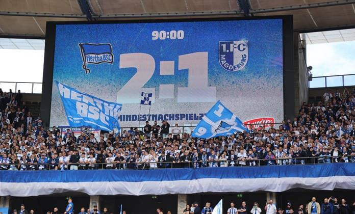 Anzeigetafel mit Endergebnis 2:1 Fußball Fussball DFL 2. Bundesliga Herren 4. Spieltag Saison 2026 2027 06.09.2026 Hertha BSC Berlin vs. 1.FC Magdeburg FCM DFL regulations prohibit any use of photographs as image sequences and or quasi-video *** Scoreboard showing final score 2-1 Sports Soccer DFL 2 Bundesliga Men s Matchday 4, 2026-2027 Season, June 9, 2026 Hertha BSC Berlin vs. 1. FC Magdeburg (FCM) DFL regulations prohibit any use of photographs as image sequences and or quasi-video content