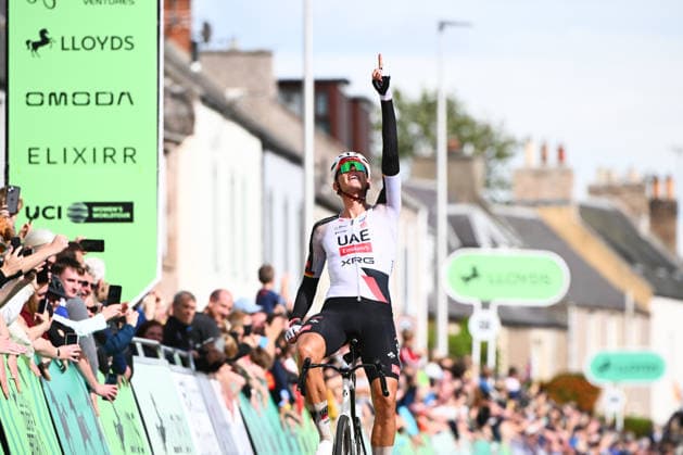 2026 Lloyds Tour of Britain Men Picture by Simon Wilkinson SWpix.com - 06 09 2026 - Cycling - UCI ProSeries - 2026 Lloyds Tour of Britain Men - Stage 5: Earlston to Earlston (156.1km) - Tim Wellens (UAE Team Emirates XRG) crosses the line to win the general classification and celebrates Copyright: x xSWpix.comx(t axPhotographyxHubxLtd)xSimonxWilkinson SWpix.comx SWP-3030-22952