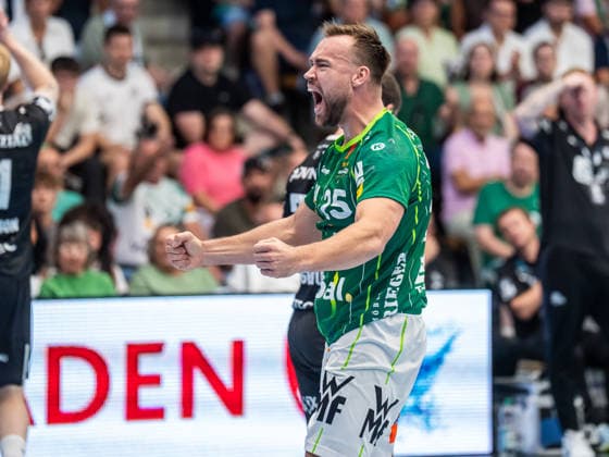 Ludvig Jurmala Astroem (Frisch Auf Goeppingen, 25) jubelt lautstark, Frisch Auf Goeppingen vs. THW Kiel, Handball, 1. Bundesliga, Herren, Spielzeit 2026 2027, 06.09.2026, Frisch Auf Goeppingen vs. THW Kiel, Handball, 1. Bundesliga, Herren, Spielzeit 2026 2027, 06.09.2026 Goeppingen Copyright: xEibner-Pressefoto MichaelxSchmidx EP_MST