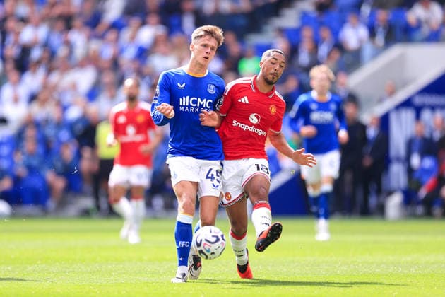 Football - Premier League - Everton v Manchester United, ManU 6th September 2026 - Premier League - Everton v Manchester United - Harrison Armstrong of Everton battles with Youri Tielemans of Manchester United - Photo: Simon Stacpoole Offside. Liverpool UK Copyright: xSimonxStacpoolexOffside