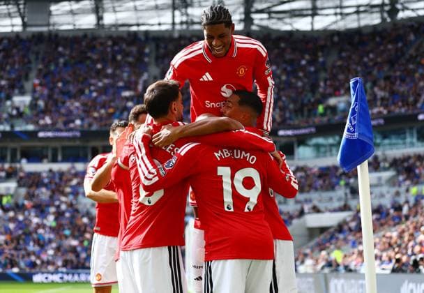 Bryan Mbeumo of Manchester United, ManU celebrates scoring the opening goal with their team-mates Everton v Manchester United, Premier League, Football, Football, Hill Dickinson Stadium, Liverpool, UK - 06 Sep 2026Liverpool Hill Dickinson Stadium United Kingdom EDITORIAL USE ONLY No use with unauthorised audio, video, data, fixture lists, club league logos or live services. Online in-match use limited to 120 images, no video emulation. No use in betting, games or single club league player publications. Copyright: xMattxWest Shutterstockx 17135038ac