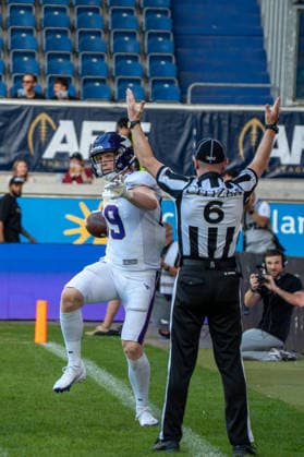 Deutschland: 06.09.2026, The AFLE Gold Bowl 2026 - Panthers Wroclaw vs. Vienna Vikings, Schauinsland-Reisen-Arena (Duisburg): Vienna Vikings Florian Bierbaumer mit dem ersten Touchdown Duisburg Deutschland Copyright: xMijoxLubecx