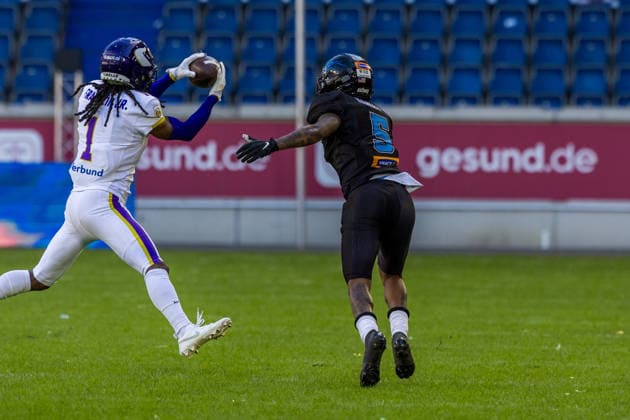 Interception from 1 Marloshawn Franklin Jr. (Free Safety Cornerback) Vienna Vikings Vienna Vikings vs Panthers Wroclaw, American Football League Europe, Golden Bowl Final, 2026, 06.09.2026, Duisburg Schauinsland-Reisen-Arena Germany Copyright: xPFA ChristopherxMettkenx